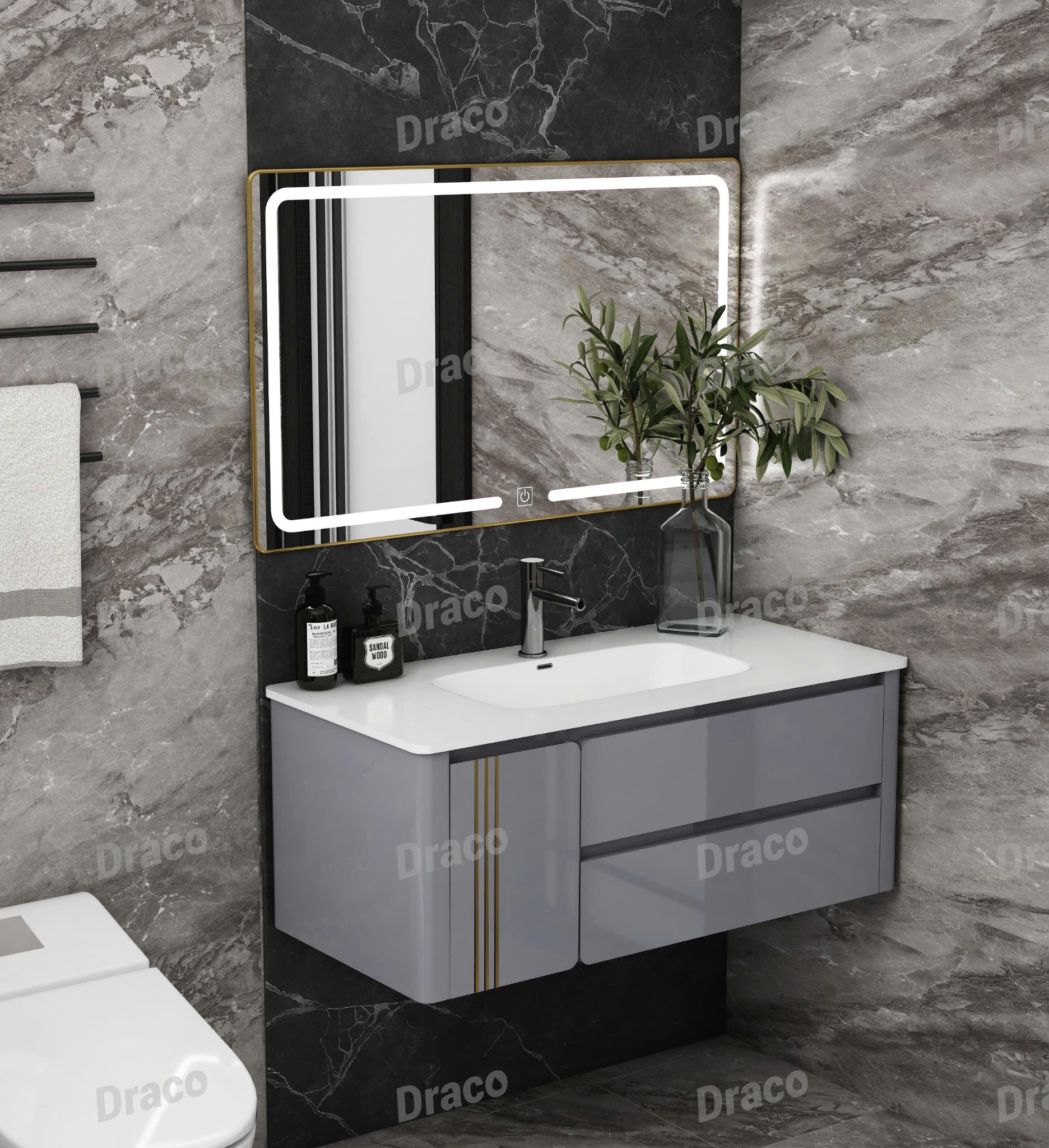 Tủ Lavabo Màu Xám Nhạt Draco T2111PXN Chất Liệu Nhựa PVC Lõi Đặc Chống Nước Tuyệt Đối - Kèm Gương Led