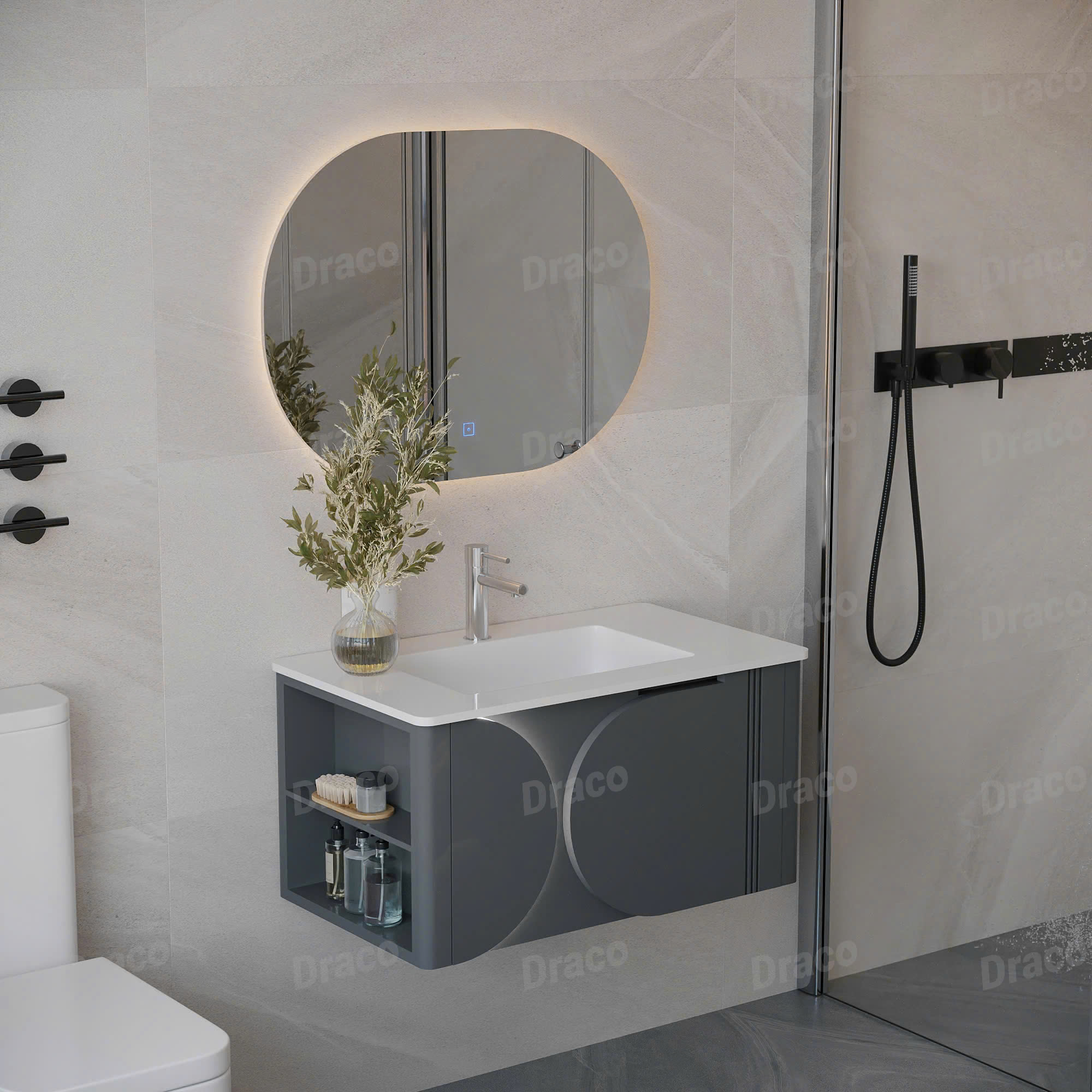 Tủ Lavabo Màu Xám Draco T2182PX Chất Liệu Nhựa PVC Lõi Đặc Chống Nước Tuyệt Đối - Kèm Gương Led