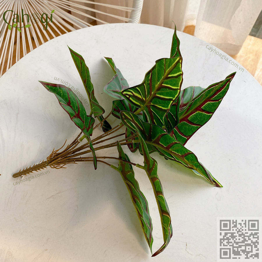 Cây Giả - Cây Môn Xanh Gân Đỏ 12 Lá 33 Cm