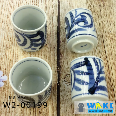 Combo 4 ly sứ Nhật men xanh vẽ tay, có triện, 10x5cm, W2-00199