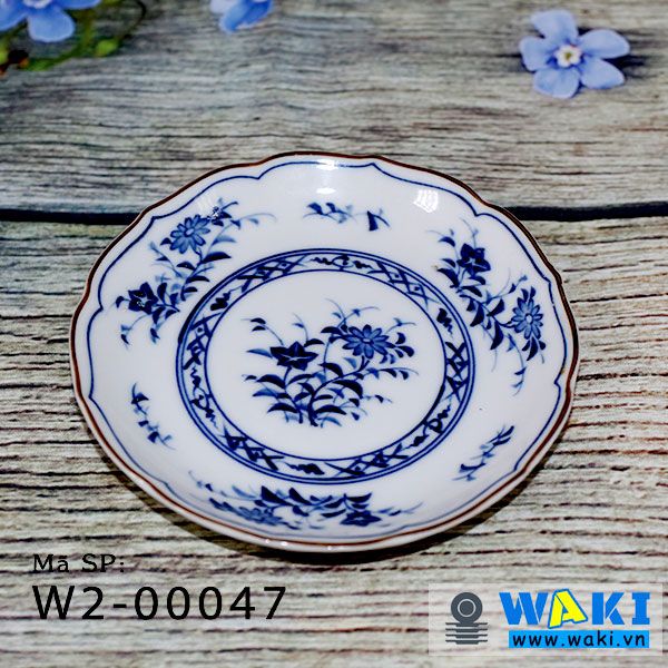 Đĩa hoa men trắng xanh có triện, 12x7.8x1.5cm, W2-00047