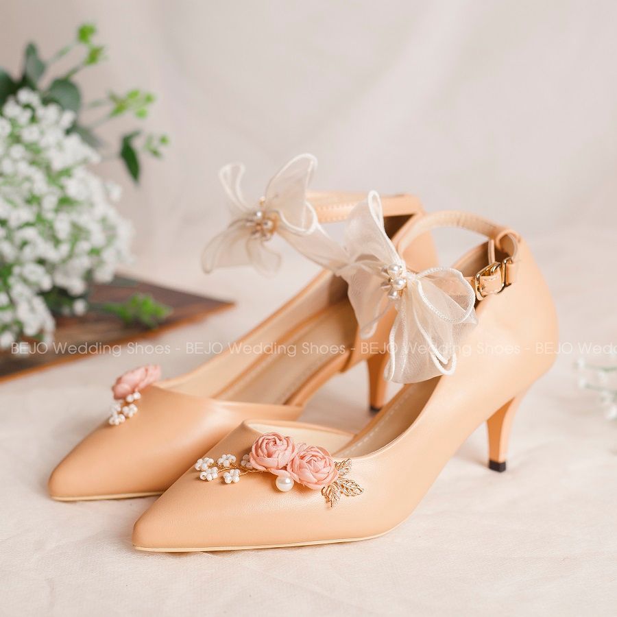  Giày cưới - Giày cô dâu cao cấp BEJO H88.5P.05.NUDE.2HOA,BABY,NƠ 