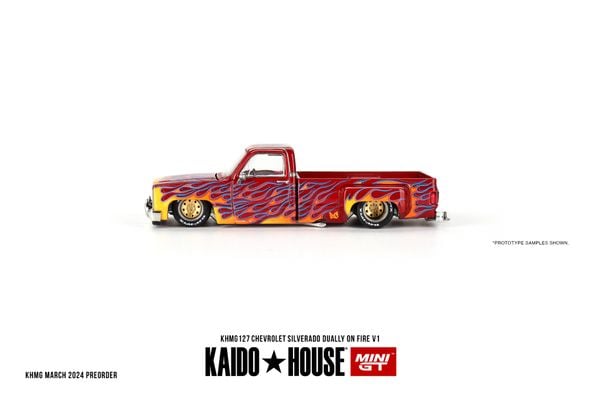 Xe Mô Hình Chevrolet Silverado Dually on Fire v1 1:64 Kaido House (Lửa)