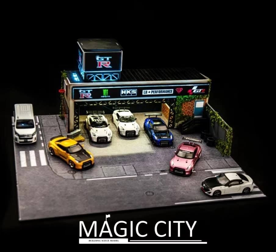 Mô Hình Nhà Diorama Japanese GTR sports car Modification shop 1:64 Mag