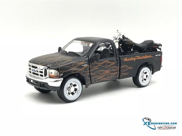 Xe Mô Hình 1999 Ford F350 Pickup/2002 Harley Davidson Night Train 1:24 Maisto ( Đen viền cam )