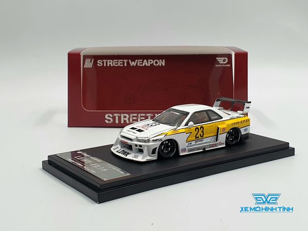 Xe Mô Hình Nissan Openable LBWK GTR ER34, white #23 1:64 Street Weapon ( Trắng Sọc Vàng )