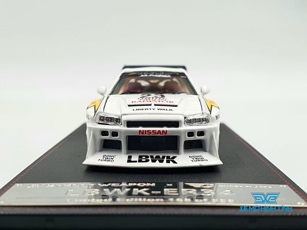 Xe Mô Hình Nissan Openable LBWK GTR ER34, white #23 1:64 Street Weapon ( Trắng Sọc Vàng )