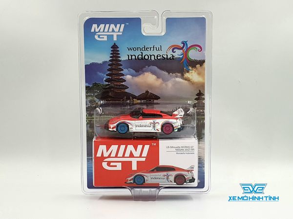 Xe Mô Hình Nissan LB-Silhouette Works GT R35GT - RR Ver.1 Wonderful Indonesia 1:64 MiniGT ( Trắng Mâm Xanh - Đỏ )