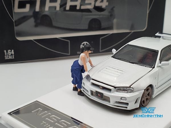 Xe mô hình Nissan GTR R34 Z-Tune Diecast-Openable Hood 1:64 Time Micro (Trắng) + Fig