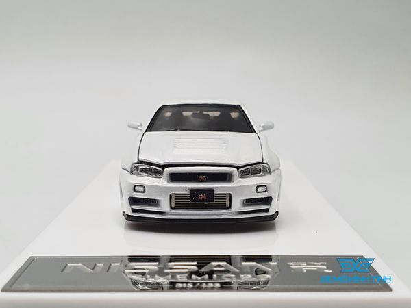 Xe mô hình Nissan GTR R34 Z-Tune Diecast-Openable Hood 1:64 Time Micro (Trắng) + Fig