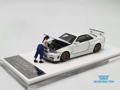 Xe mô hình Nissan GTR R34 Z-Tune Diecast-Openable Hood 1:64 Time Micro (Trắng) + Fig