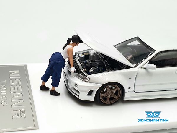 Xe mô hình Nissan GTR R34 Z-Tune Diecast-Openable Hood 1:64 Time Micro (Trắng) + Fig