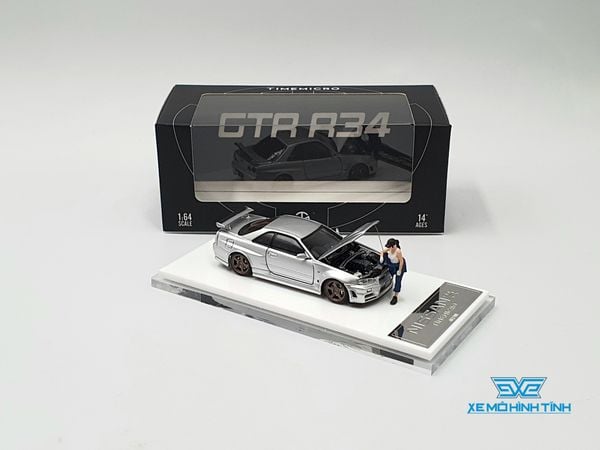 Xe mô hình Nissan GTR R34 Z-Tune Diecast-Openable Hood 1:64 Time Micro (Silver) + Fig