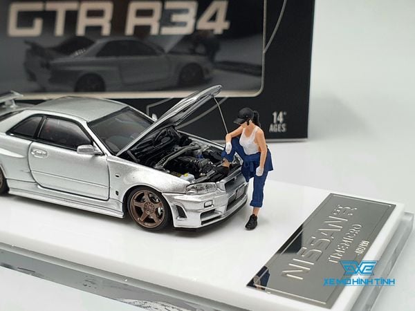 Xe mô hình Nissan GTR R34 Z-Tune Diecast-Openable Hood 1:64 Time Micro (Silver) + Fig