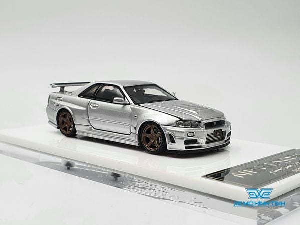 Xe mô hình Nissan GTR R34 Z-Tune Diecast-Openable Hood 1:64 Time Micro (Silver) + Fig