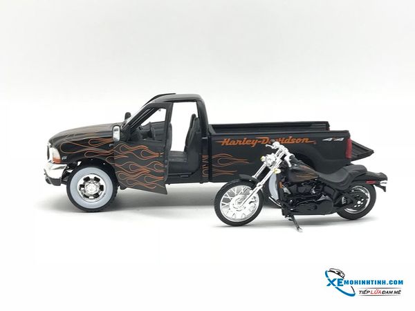 Xe Mô Hình 1999 Ford F350 Pickup/2002 Harley Davidson Night Train 1:24 Maisto ( Đen viền cam )