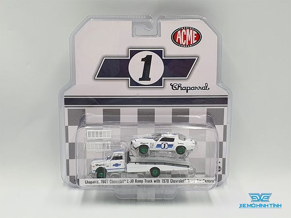 Set Xe Mô Hình Chaparral 1967 Chevrolet C-30 Ramp Truck with 1970 Chevrolet Trans Am Camaro 1:64 ACME ( Trắng Bánh Bạc )