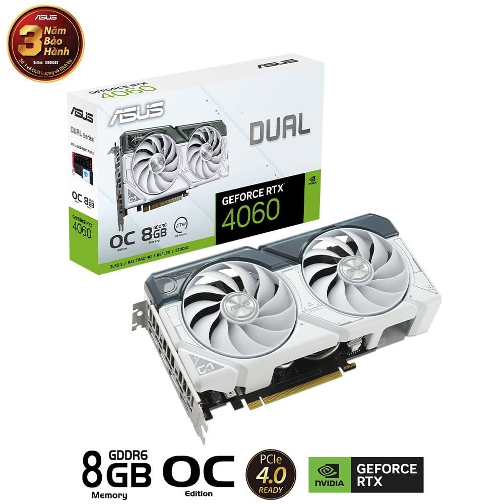  Card Màn Hình ASUS Dual GeForce RTX 4060 White OC Edition 8GB GDDR6 ( hàng Nhập khẩu bảo hành 36 tháng) 