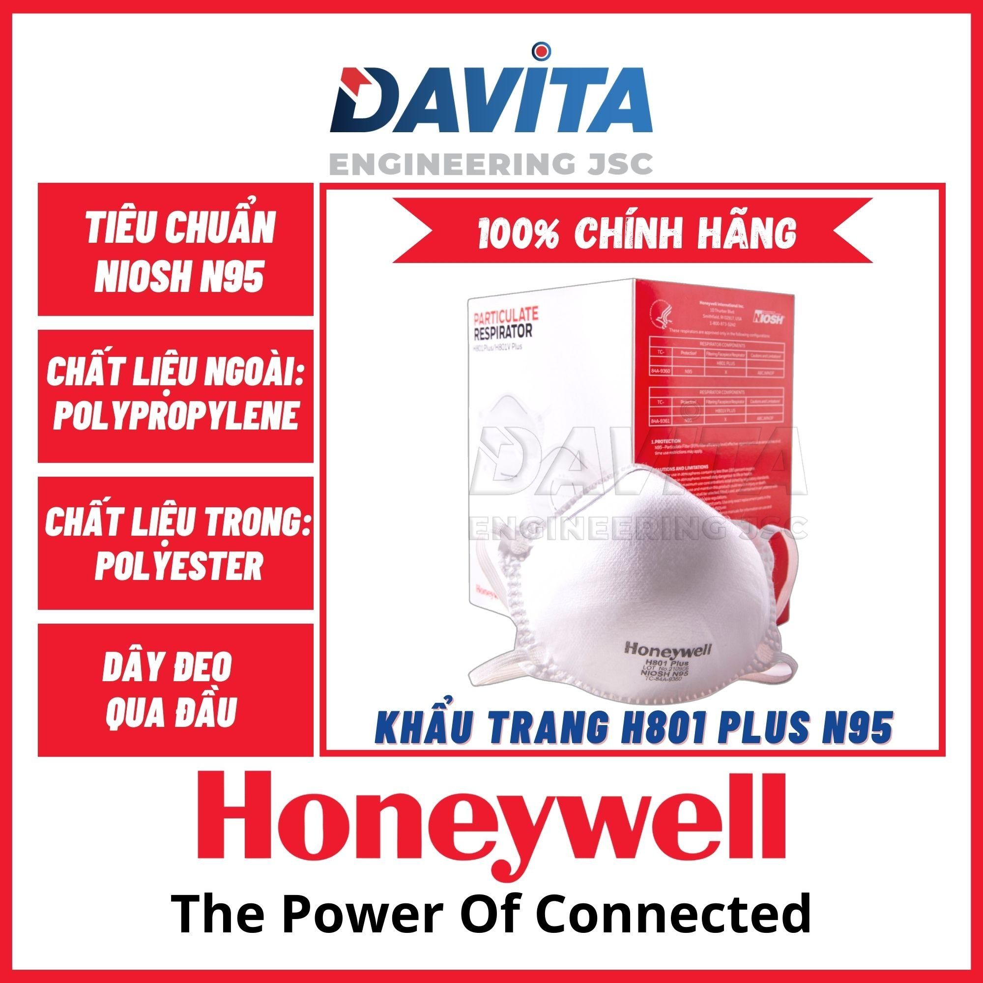 Khẩu trang Honeywell H801Plus N95, lọc bụi tối thiểu 95%