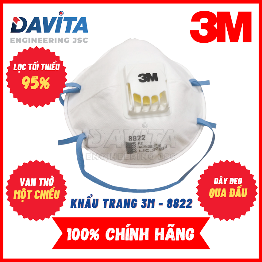 Nguyên Hộp 10 Cái Khẩu Trang 3M 8822 P2 Có Van, Lọc Bụi Mịn, Chống Vi Khuẩn