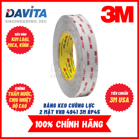 Băng keo cường lực 2 mặt VHB 4941 3M RP45, chịu lực cực tốt, dán cực chắc trên nhiều bề mặt