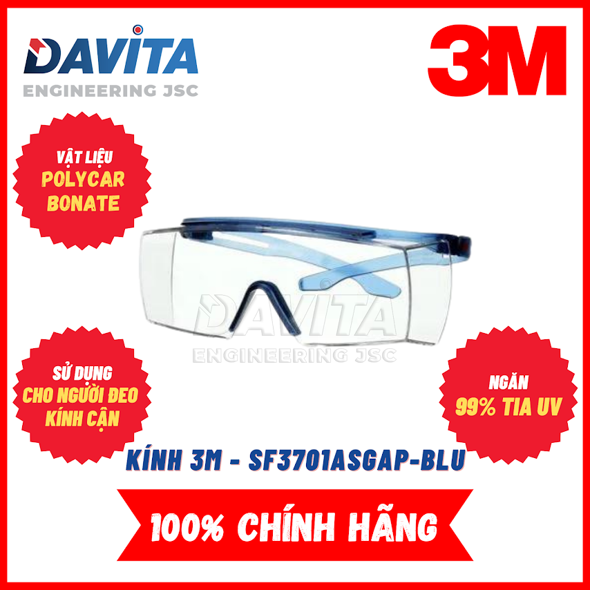 Kính bảo vệ mắt, chống bụi, chống văng bắn SF3701ASGAF-BLU 3M dành cho người sử dụng kính cận