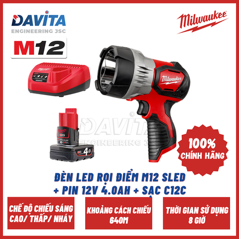 Đèn LED rọi điểm M12 SLED + Pin 12V 4.0Ah + Sạc C12C