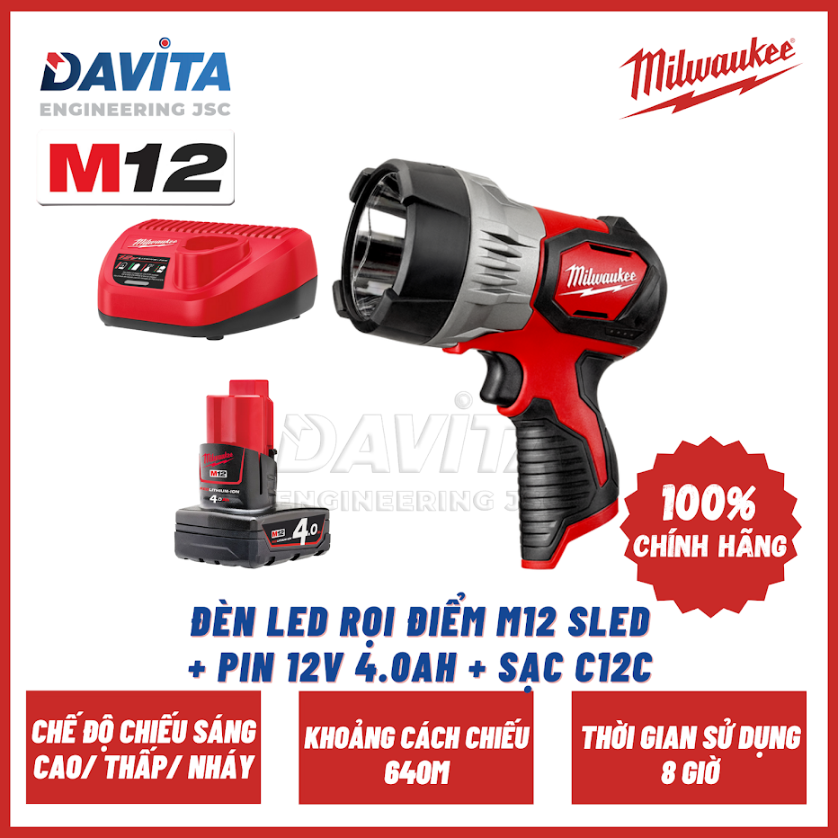 Đèn LED rọi điểm M12 SLED + Pin 12V 4.0Ah + Sạc C12C