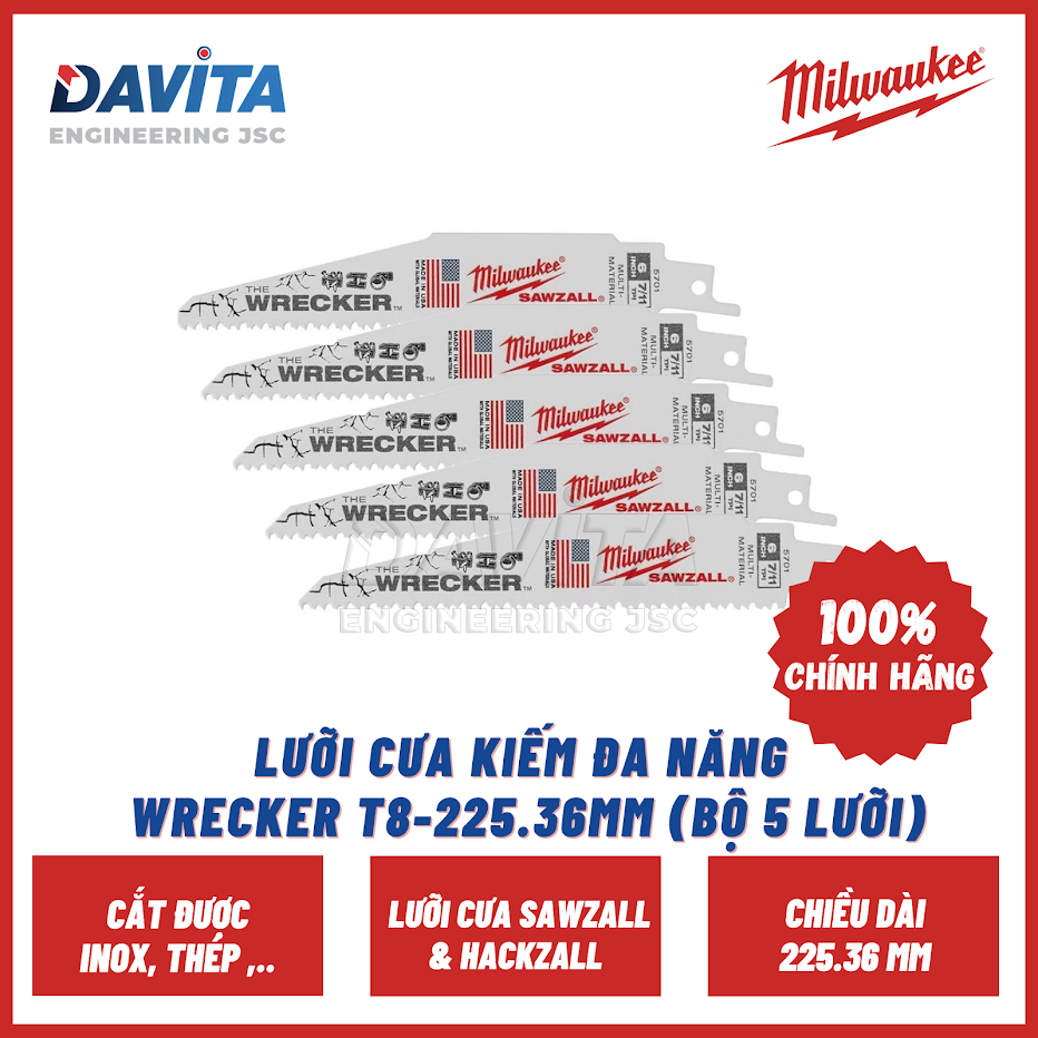 Lưỡi cưa kiếm đa năng Milwaukee WRECKER T8-225.36mm (Bộ 5 lưỡi)