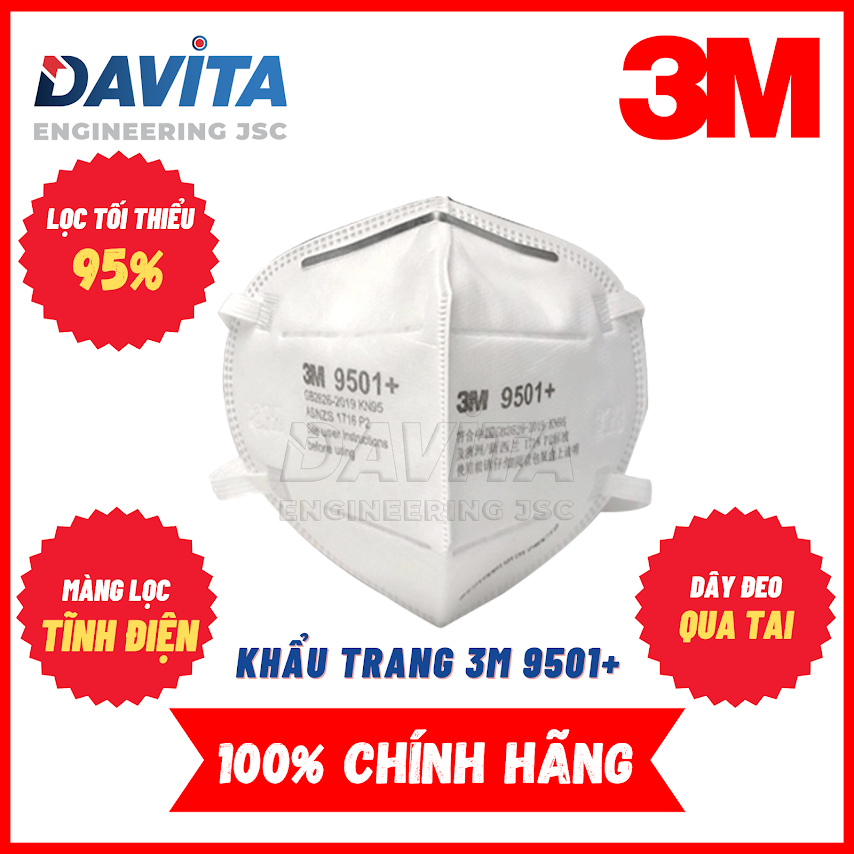 Khẩu trang 9501 KN95 lọc tối thiểu 95%, hàng 3M chính hãng