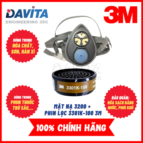 Mặt nạ phòng độc nửa mặt 3M 3200, đã bao gồm phin lọc 3301K-100