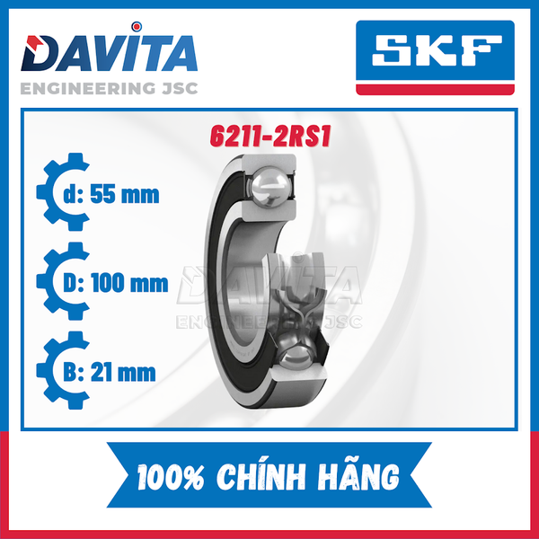 Vòng bi SKF chính hãng 6211, 6211/C3, 6211-2Z, 6211-2Z/C3, 6211-2RS1, 6211-2RS1/C3