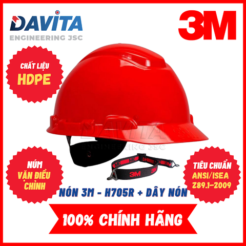 Nón bảo hộ H-705R 3M, màu đỏ, đã gồm dây quai nón