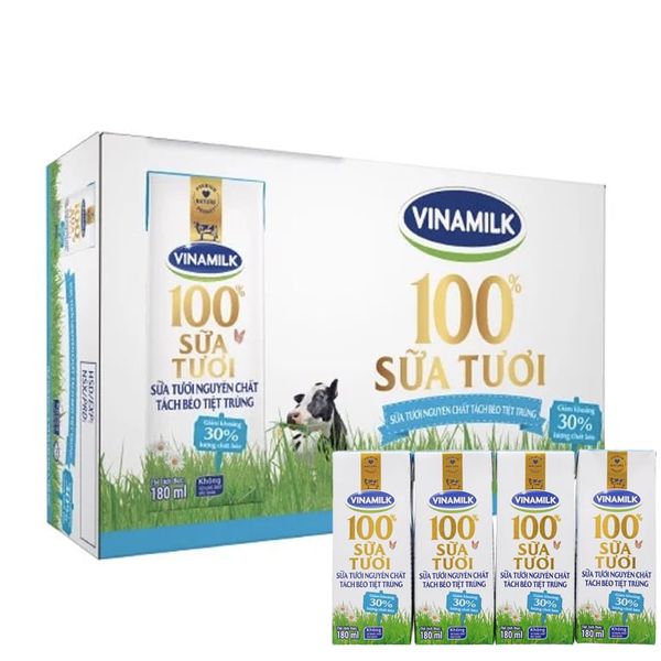  Sữa tươi tách béo không đường Vinamilk 100% sữa tươi thùng 48 hộp x 180ml 