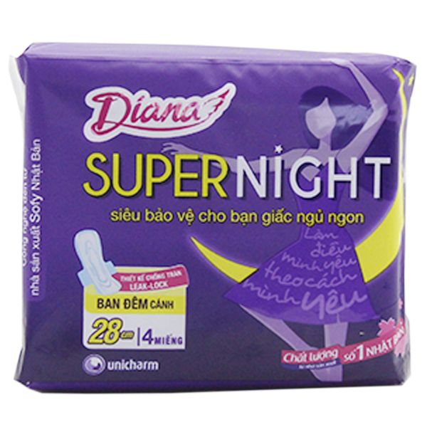  Băng vệ sinh ban đêm Diana siêu bảo vệ có cánh 28 cm gói 4 miếng 