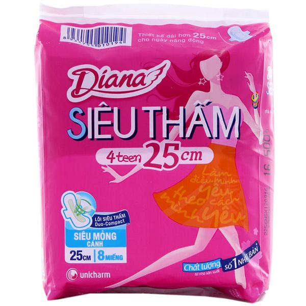  Băng vệ sinh Diana 4 teen siêu thấm có cánh 25 cm gói 8 miếng 