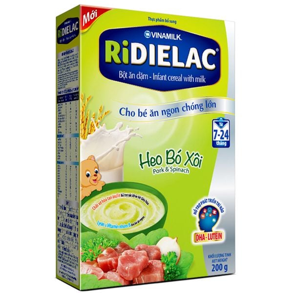  Bột ăn dặm Ridielac heo bó xôi cho trẻ từ 7 đến 24 tháng hộp 200 g 