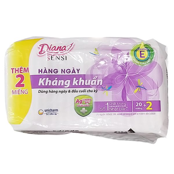  Băng vệ sinh hàng ngày Diana kháng khuẩn gói 20 + 2 miếng 