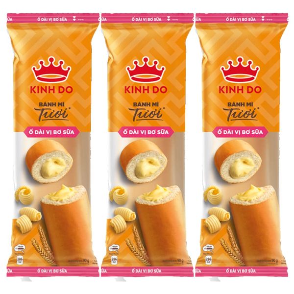  Bánh mì tươi ổ dài Kinh Đô nhân bơ sữa bộ 3 gói x 90 g 