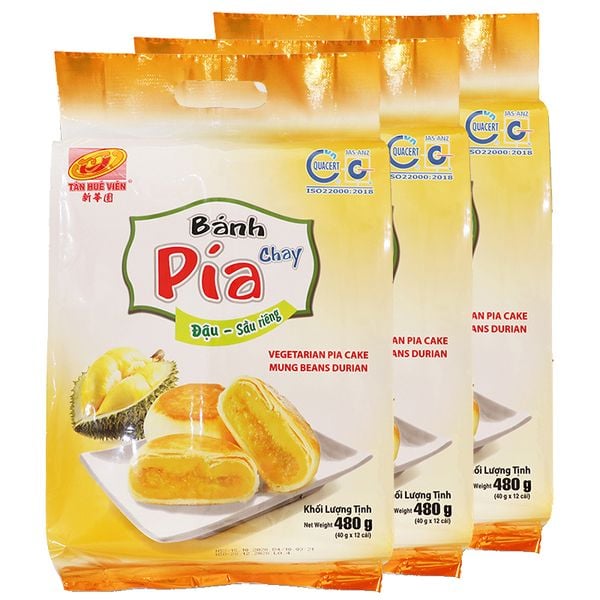  Bánh pía chay Tân Huê Viên đậu sầu riêng 40g x 12 cái bộ 3 gói x 480g 