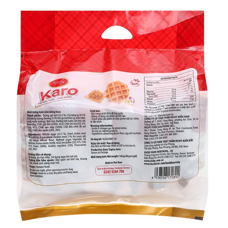  Bánh trứng tươi Karo Richy vị chà bông 26g x 6 gói bộ 3 túi x 156g 