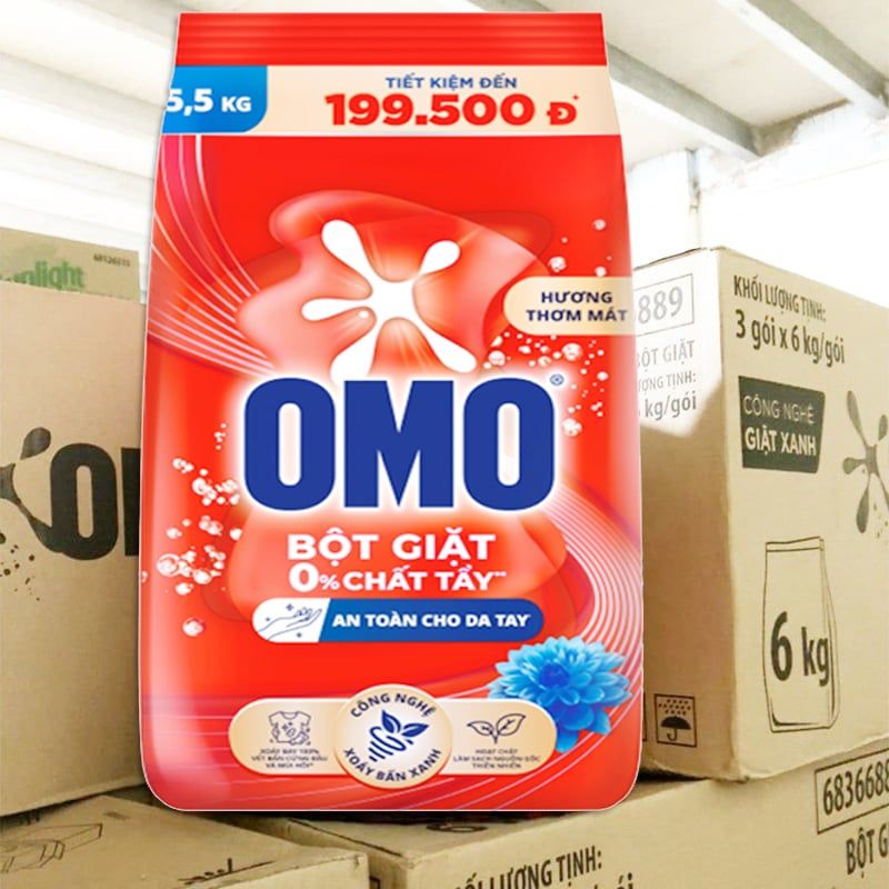  Bột giặt OMO đỏ không chất tẩy thùng 2 gói x 5,5 kg 
