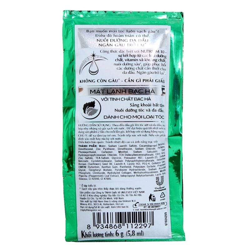  Dầu gội Clear mát lạnh bạc hà sảng khoái dây 12 gói x 6 g 