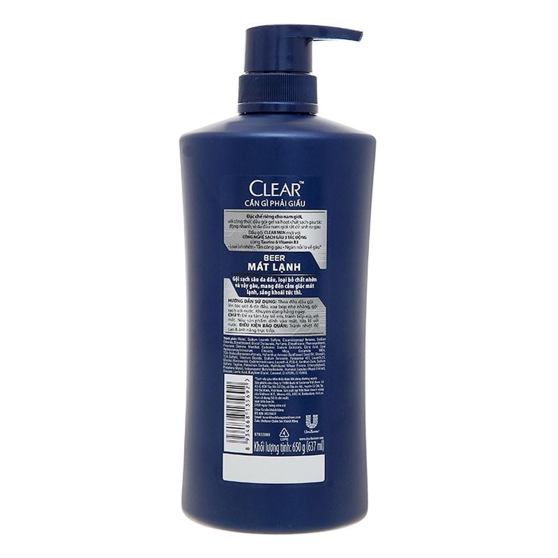  Dầu gội Clear Men Beer sạch gàu mát lạnh bộ 2 chai x 650g 