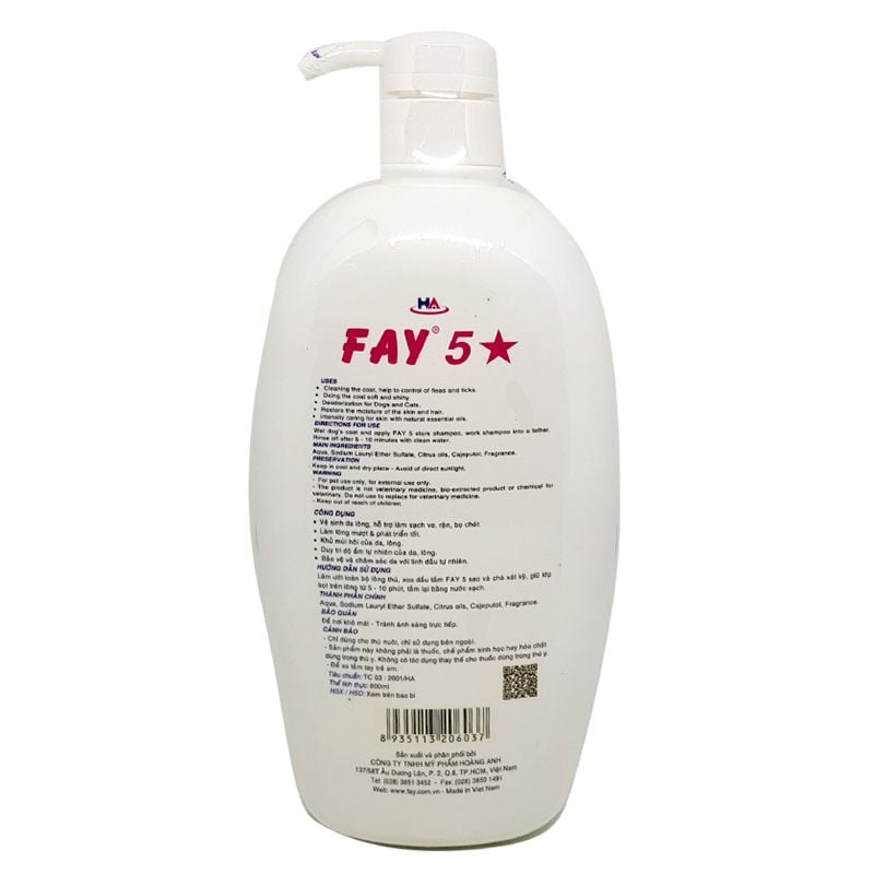  Dầu tắm chó mèo Fay 5 sao chai 800ml 
