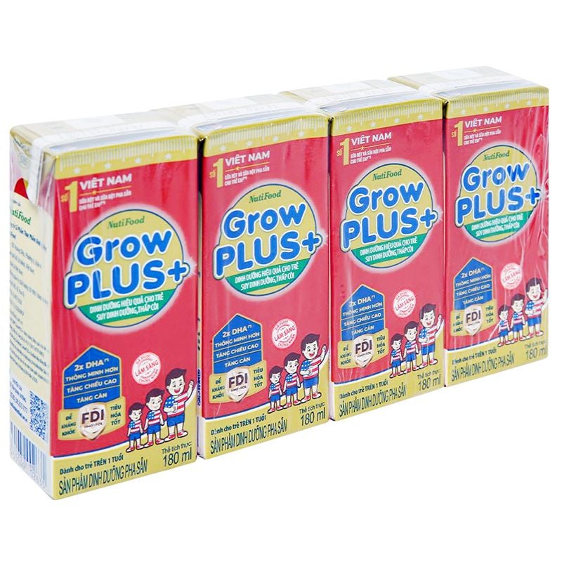  Sữa dinh dưỡng cho trẻ thấp còi NutiFood Grow Plus+ vani lốc 4 hộp x 180ml 