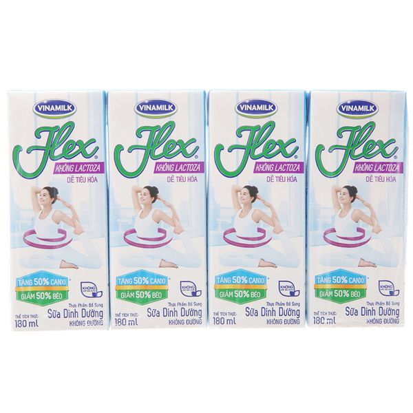  Sữa dinh dưỡng không đường Vinamilk Flex không lactoza lốc 4 hộp x 180 ml 