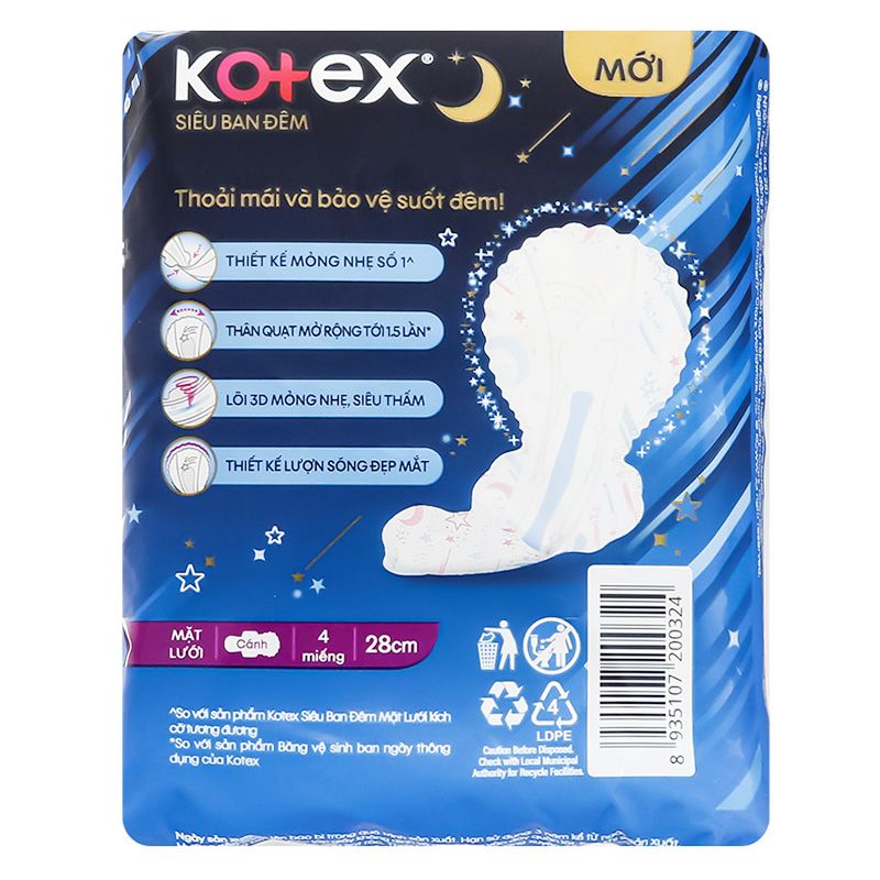  Băng vệ sinh ban đêm Kotex Style khô thoáng mỏng cánh 28 cm gói 4 miếng 