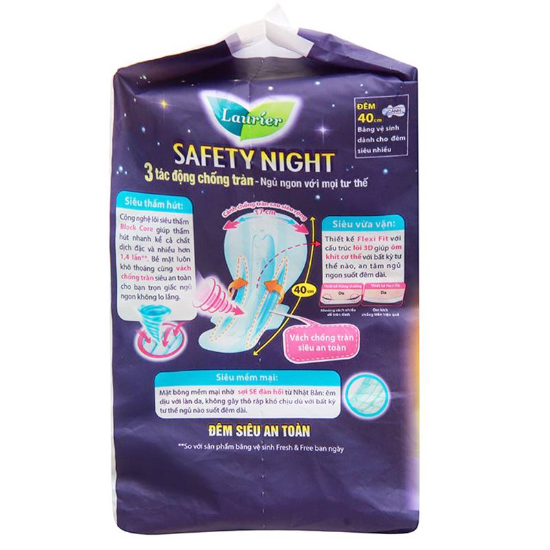  Băng vệ sinh ban đêm Laurier Safety Night siêu an toàn 40cm gói 8 miếng 