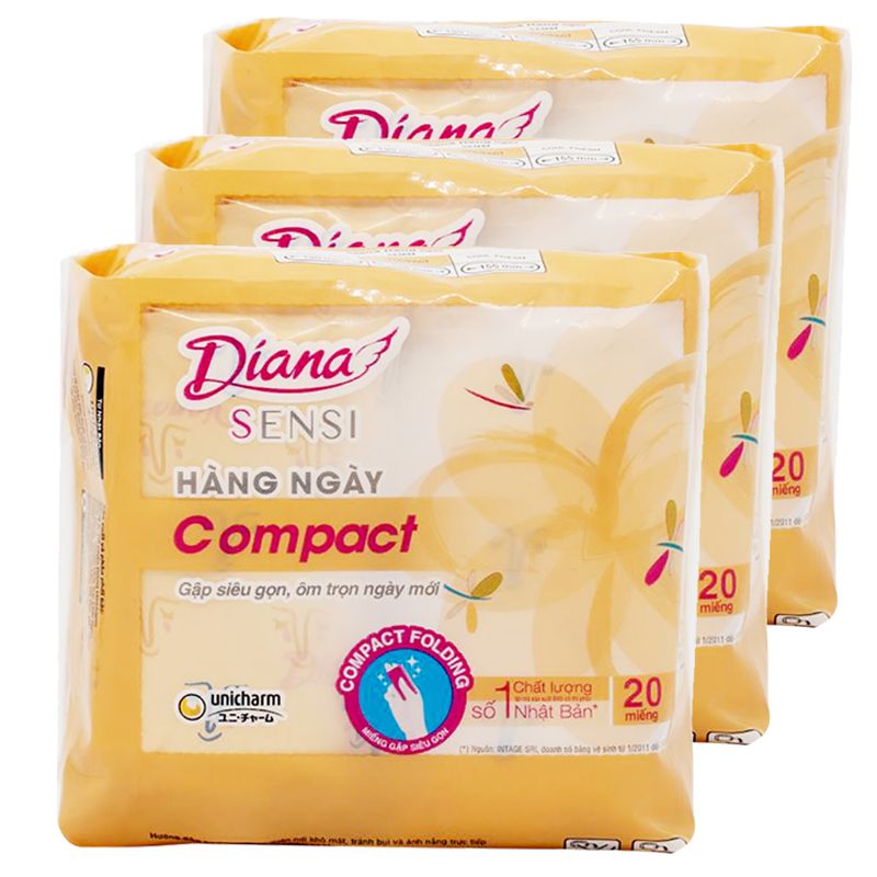  Băng vệ sinh hàng ngày Diana Sensi Compact không cánh bộ 3 gói x 20 miếng 